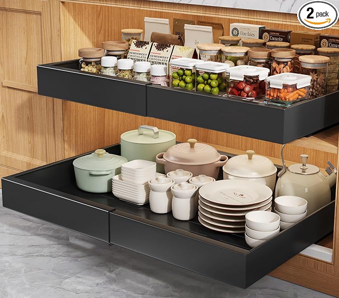 Seinloes 2 Pack Pull Out Cabinet Organizers 21" Deep With Raising Pad for Framed Cabinets, Expandable Width (15.2"-26.3") Slide Out Drawers Upgrade 3 Slide Rails, Roll Out Shelves Adhesive, Black