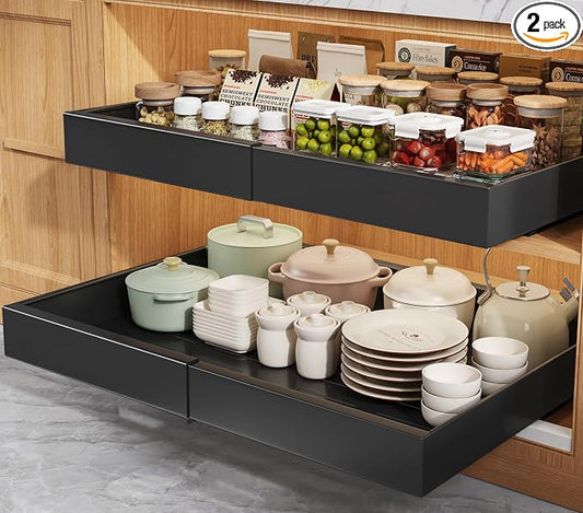 Seinloes 2 Pack Pull Out Cabinet Organizers 21" Deep With Raising Pad for Framed Cabinets, Expandable Width (15.2"-26.3") Slide Out Drawers Upgrade 3 Slide Rails, Roll Out Shelves Adhesive, Black