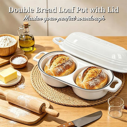 Dutch Oven For Sourdough Bread Baking – Enameled Cast Iron Dutch Oven Pot with Lid, Double Bread Loaf Pan – 500°F Oven Safe Non Stick Bread Pot for Homemade Bread, Meatloaf, Cake–Round Loaf Space, Even Heating– Cream White