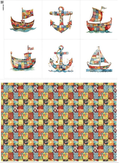 Patchwork Boat Cotton Fabric Panel – Six 10×10 inch Designs + Bonus 29.5×19.6 inch Patchwork Sheet, 100% Turkish Cotton 140 GSM
