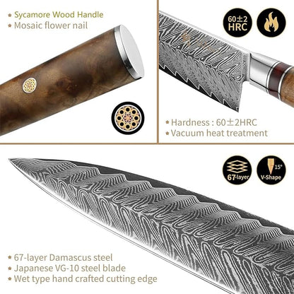 Wakoli Damascus Chef Knife Set with Magnetic Block – 5-Piece Professional Kitchen Knife Block Set, Genuine 67-Layer Damascus Steel Blades with VG10 Core & Ergonomic Sycamore Wood Handles