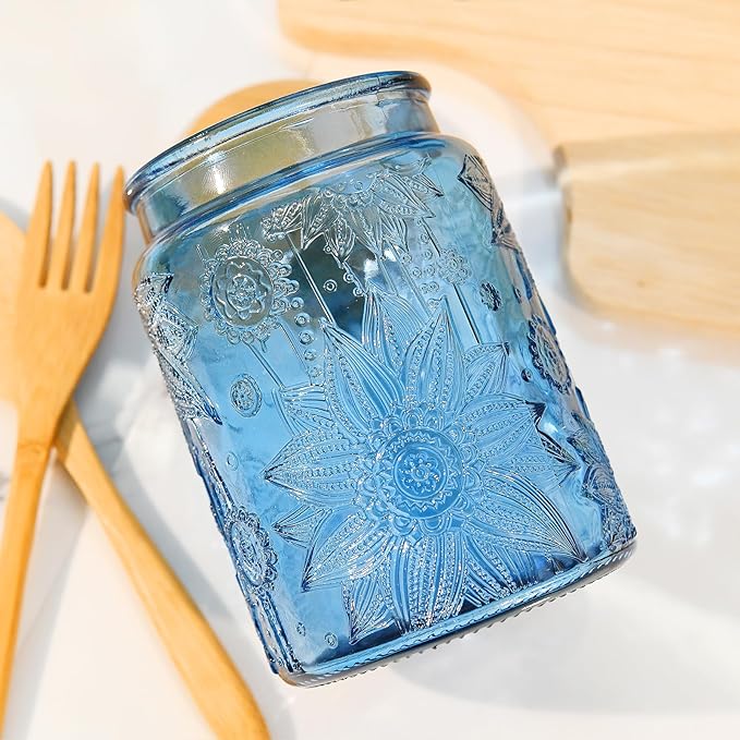 Custde Glass Storage Jars With Airtight Lid, 35oz Canister For Kitchen Counter with Bamboo Lid, brown sugar, candy, coffee, cookie, salt, tea,pantry cute Jar (Blue, 35 fl oz)