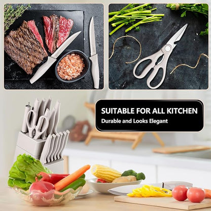 E-far Knife Set with Block, 15 Pieces Kitchen Knife Block Set with Sharpener, High Carbon Stainless Steel Sharp Chef Knife Set with Ergonomic Handles, Anti Rust, Khaki