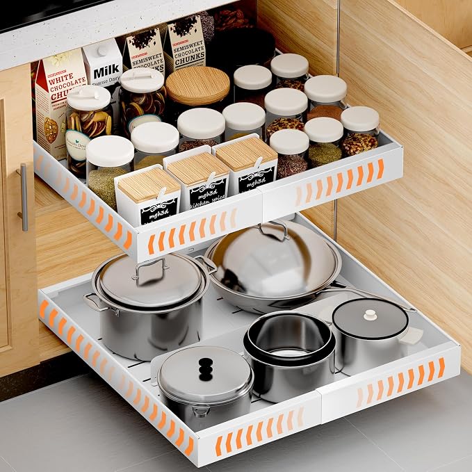YJHome 1 Pack Pull Out Cabinet Organizer, No Drill Expandable Width 12"-20" & 21" Depth, Adhesive or Screw-In Installation, Magnetic Divider for Custom Storage, for Kitchen Pantry Bathroom Cabinet