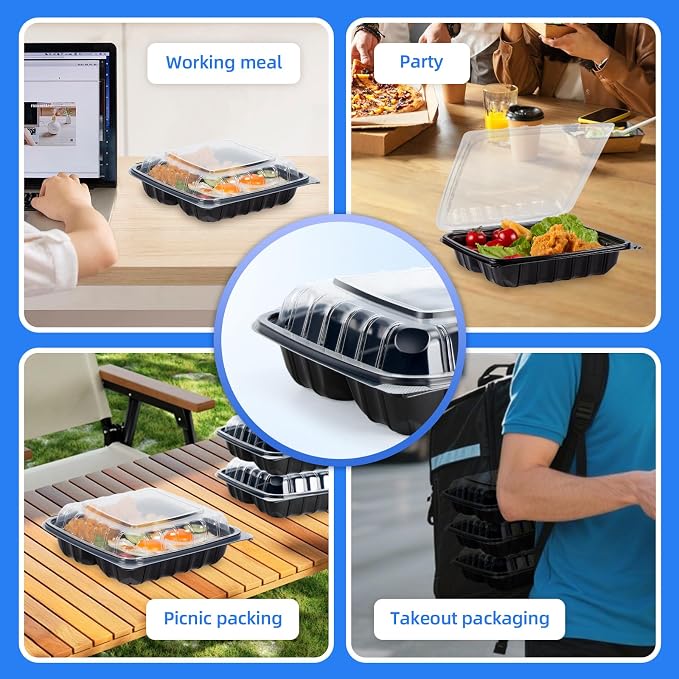 YANGRUI 25 Pack 34oz 8" 3-Compartment Togo Container Shrink-Wrapped No Wash | Ready to Use Anti-Fog Lid | Leakproof BPA-Free PP | Microwave & Freezer Safe for Cold Brew Salad, Hotel Catering & Meal Prep