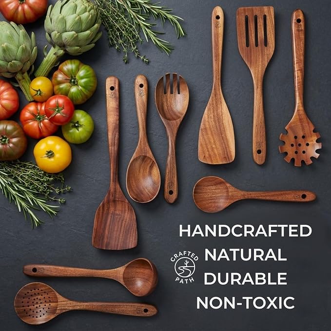 Teak Wooden Utensil Set (9-Piece) – Teak Cooking Utensils for Nonstick Cookware, Teak Wooden Spoons for Cooking & Spatula - Natural Wood Kitchen Utensils by Crafted Path