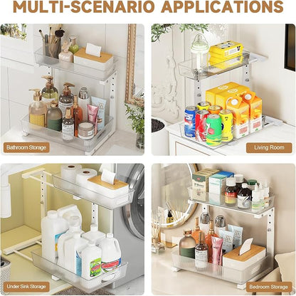 ETOYA 2 Pack Under Sink Organizer Kitchen, 2-Tier Pull Out Cabinet Organizer, L-Shaped Adjustable Height, Acrylic Under Sink Storage Shelf for Kitchen, Bathroom Vanity & Utility Closet