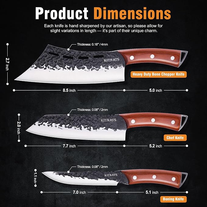 KITNATS Hand Forged Butcher Knife Set, 3PCS BBQ Knife Set with Meat Cleaver, Chef Knife & Boning Knife, High Carbon Steel Cleaver Knife Set for Meat Cutting, Camping, Outdoor Cooking, Gift for Men