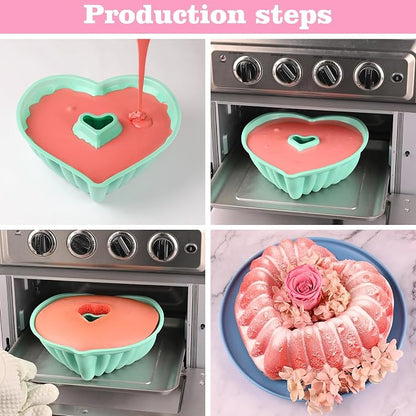 HUAKENER 2 Pack Heart Fluted Cake Pan, 9 Inch Heart Cake Molds, Nonstick Silicone Cake Molds