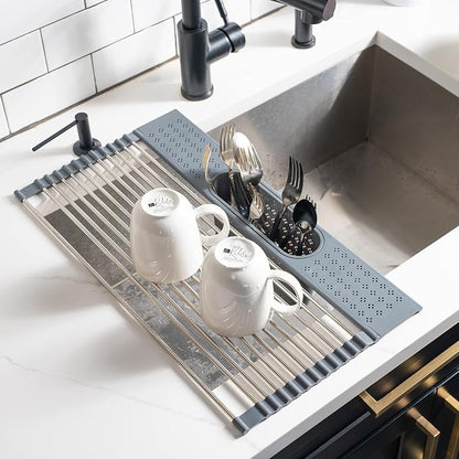 edge Roll Up Dish Drainer, Over The Sink Multi-Purpose Foldable Drying Rack with Caddy, Gray, Medium- 17.3"x11"