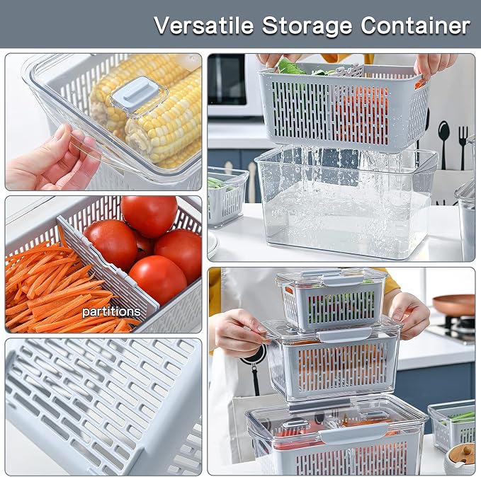 Fistone Fresh Produce Fruit Vegetable Storage Containers 3Piece Set, BPA-Free Fridge Storage Container with Lid & Colander, Fridge Organizers, Keep Fresh for Produce,Fruit and Vegetable