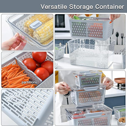 Fistone Fresh Produce Fruit Vegetable Storage Containers 3Piece Set, BPA-Free Fridge Storage Container with Lid & Colander, Fridge Organizers, Keep Fresh for Produce,Fruit and Vegetable