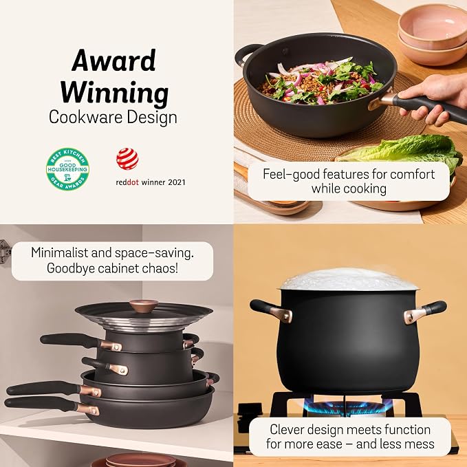 Meyer 6pc Stackable Set with Universal Lids | Hard Anodized Non Stick and Stainless Steel Pots and Pans | Induction Compatible | Dishwasher Safe | Oven Safe | Red, Orange, Yellow | Accent Cookware