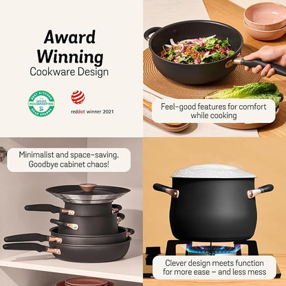 Meyer 6pc Stackable Set with Universal Lids | Hard Anodized Non Stick and Stainless Steel Pots and Pans | Induction Compatible | Dishwasher Safe | Oven Safe | Red, Orange, Yellow | Accent Cookware