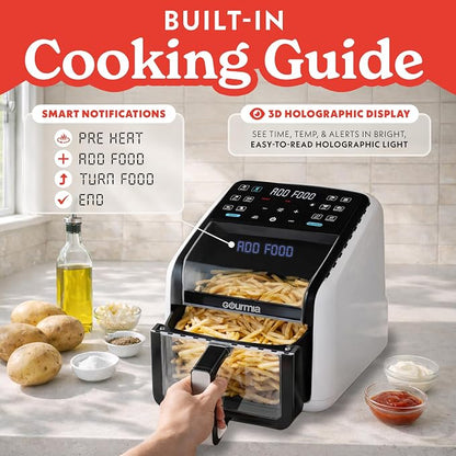 Gourmia Air Fryer 7 QT - Easy View Panorama Window & Interior Light, Guided Cooking with 12 One-Touch Presets, FryForce 360, Dishwasher Safe Accessories, White