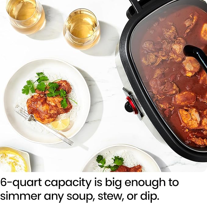 Chefman 6-Quart Slow Cooker, Electric Countertop Cooking, Stovetop & Oven-Safe Removable Insert for Browning & Sautéing, Family-Size Soups & Stews, Nonstick & Dishwasher-Safe Interior,Stainless Steel