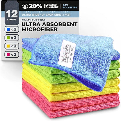 Turkish Microfiber Cleaning Cloth of 4 Colors | 20% Polyamide for Elevated Liquid Suction | Must Have Drying Supply for Kitchen and Home Accessories | Rags with Reinforced Edges, Pack of 12