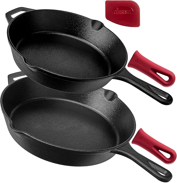 Cuisinel Pre-Seasoned Cast Iron Skillet 2-Piece Set (10-Inch and 12-Inch) Oven Safe Cookware - 2 Heat-Resistant Holders - Indoor and Outdoor Use - Grill, Stovetop, Induction Safe