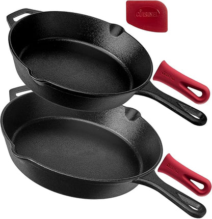Cuisinel Pre-Seasoned Cast Iron Skillet 2-Piece Set (10-Inch and 12-Inch) Oven Safe Cookware - 2 Heat-Resistant Holders - Indoor and Outdoor Use - Grill, Stovetop, Induction Safe