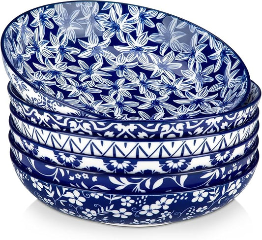 vancasso SELENE 50 oz Large Pasta Bowls Set of 6, Porcelain Serving Bowls, 9.5 Inch Wide Shallow Salad & Soup Bowls, Kitchen Pasta Plates, Microwave and Dishwasher Safe, Blue White Floral Design
