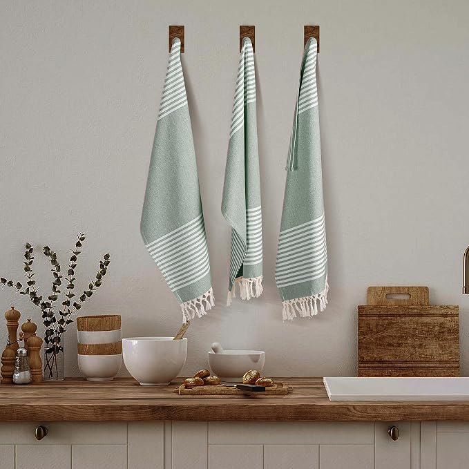 TWINY threads Set of 4 100% Cotton Turkish Kitchen Towels with Hanging Loop & Tassels (18" X 28") | Ultra Washcloth with Fringes | Reusable Hand Towels - Olive Green