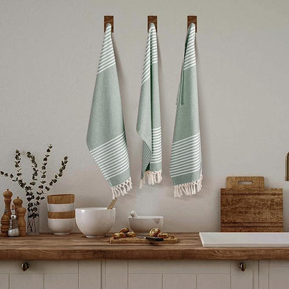 TWINY threads Set of 6 100% Cotton Turkish Kitchen Towels with Hanging Loop & Tassels (18" X 28") | Ultra Washcloth with Fringes | Reusable Hand Towels - Olive Green