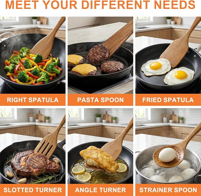 8 Pcs Best Non Toxic Kitchen Utensil Set Teak Wooden Cooking Spoons Nonstick Flat Slotted Turner Spatula Bamboo Wood Serving Utensils for Cooking Egg Spatulas for Kitchen Use Tools Slotted Pasta Spoon