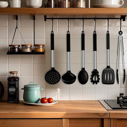 LIANYU Kitchen Utensils Set of 6, Silicone Cooking Utensils Set for Nonstick Cookware, Heat Resistant Kitchen Spatula Gadgets Tools, Stainless Steel Handle, Black