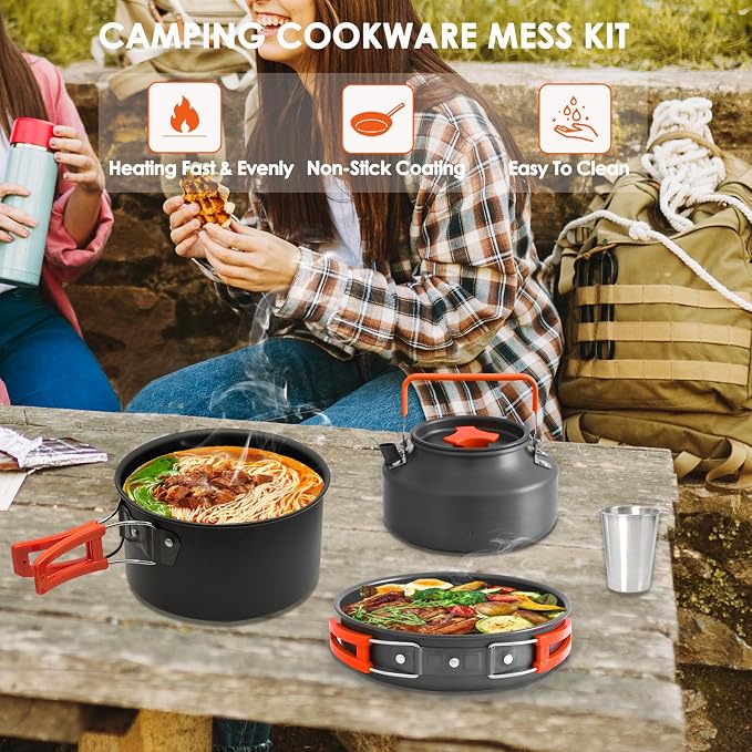 18Pcs Camping Cookware Mess Kit, Non-Stick Lightweight Camping Pots and Pans with 1.1L Kettle, 2 Set Stainless Steel Cups Plates Forks Knives Spoons for Backpacking, Hiking, Outdoor Cooking