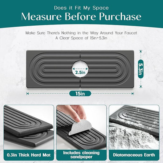 eormoe Faucet Mat for Kitchen Sink - Wider Diatomite Fast Drying Stone Sink Tray, Super Absorbent, Prevents Moisture Buildup - Faucet Splash Guard for Bathroom Counter (Dark Grey, 15x5.3inch)