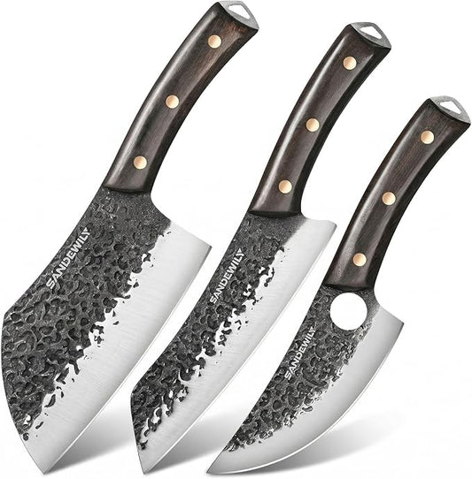 Hand Forged Butcher Knife Set, 7" Meat Cleaver + 8" Chef Knife + 6" Viking Knife, Full Tang High Carbon Steel, Wooden Handle, Whetstone, Durable for Meat Cutting, BBQ and Outdoor Cooking