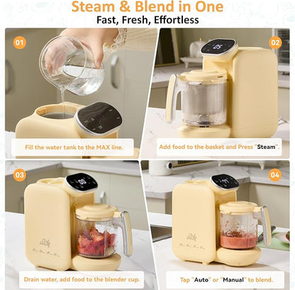 Chefhandy Baby Food Maker, Steamer & Blender with Stainless Steel Basket, Puree Maker with Auto/Manual Blend, Bottle Warmer & Sterili-zer, Safe & Easy-to-Clean Compact Baby Food Processor (Yellow)
