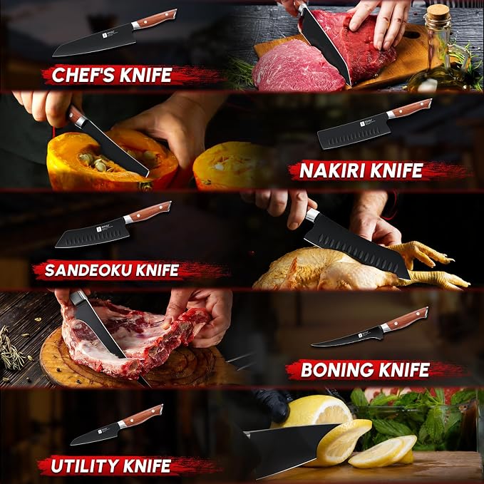 TIVOLI Chef Knife Set, Professional 5PC Knife Set, German High Carbon Stainless Steel Ultra Sharp Kitchen Knives with Full Tang Ergonomic Wood Handle for for Cooking - Gifts for Men and Women