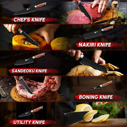 TIVOLI Chef Knife Set, Professional 5PC Knife Set, German High Carbon Stainless Steel Ultra Sharp Kitchen Knives with Full Tang Ergonomic Wood Handle for for Cooking - Gifts for Men and Women