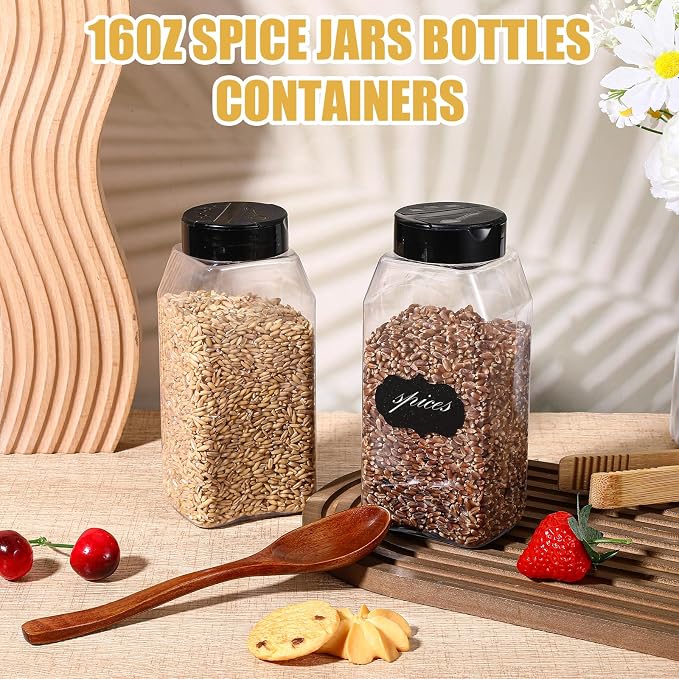 Molain 28 Pcs 16oz Plastic Spice Jars with Shaker Lids, Plastic Square Spice Bottles Reusable Seasoning Containers Jars Large Seasoning Bottles, Clear Bottle for Powders, Spices, Glitters