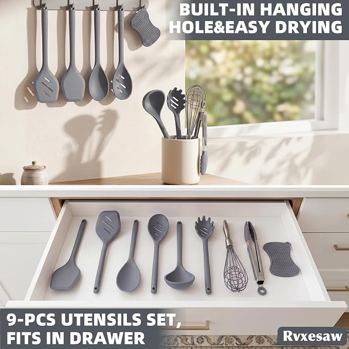 Kitchen Utensils Set,9 PCS Silicone Cooking Utensils Set Spatula Set,Non Toxic Cooking Utensils,Tongs,Spoon,Whisk,Brush,BPA Free Kitchen Gadgets for Non-Stick Cookware,Home Essential(Gray-9P)
