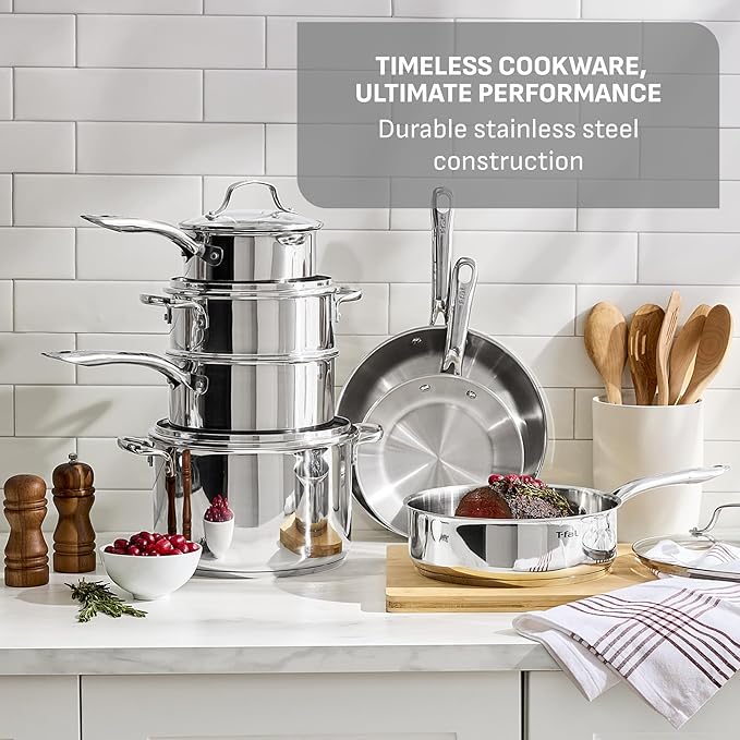 T-fal Stainless Steel Pots and Pans Set 11 Piece, Induction, Oven Broiler Safe 500F, Kitchen Cooking Set w/Fry Pans, Saucepans, Saute Pan, Steamer, Cookware, Dishwasher Safe, Silver