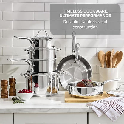 T-fal Stainless Steel Pots and Pans Set 11 Piece, Induction, Oven Broiler Safe 500F, Kitchen Cooking Set w/Fry Pans, Saucepans, Saute Pan, Steamer, Cookware, Dishwasher Safe, Silver