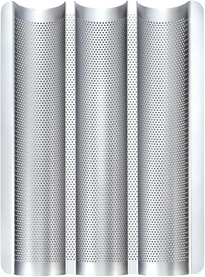 Baguette Pans for Baking 15" x 11", 3 Loaf Carbon Steel French Bread Pan Nonstick Perforated Baguette Baking Tray Silver