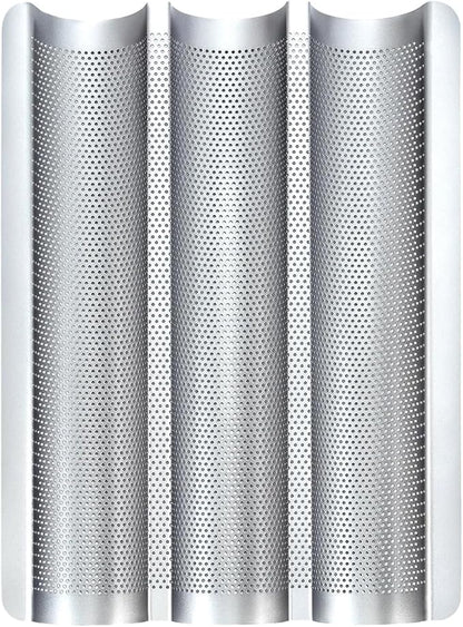 Baguette Pans for Baking 15" x 11", 3 Loaf Carbon Steel French Bread Pan Nonstick Perforated Baguette Baking Tray Silver