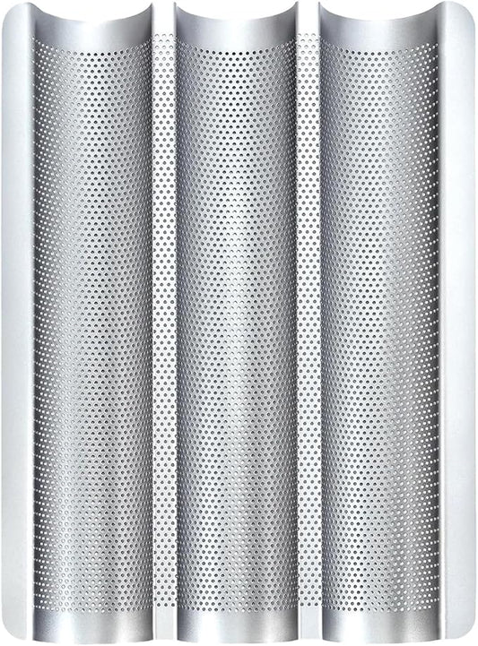 Baguette Pans for Baking 15" x 11", 3 Loaf Carbon Steel French Bread Pan Nonstick Perforated Baguette Baking Tray Silver