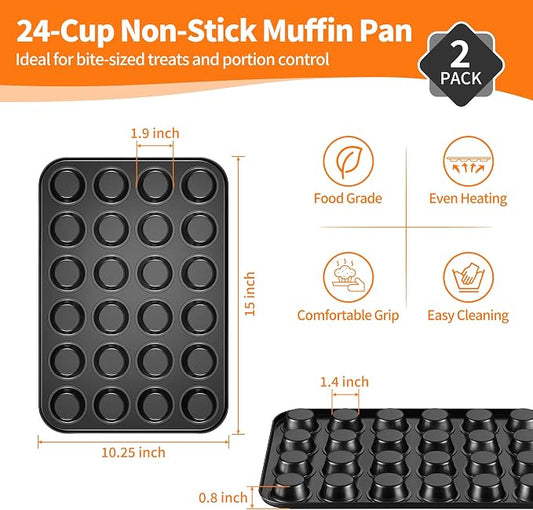 TeamFar 2 Pack Mini Muffin Pan, 24-Cup Non-Stick Carbon Steel Cupcake Tray Tin for Baking, Small Cup Cake Bakeware for Bite-Sized Cheesecake Tart Quiches, Even Baking & Effortless Release & Easy Clean