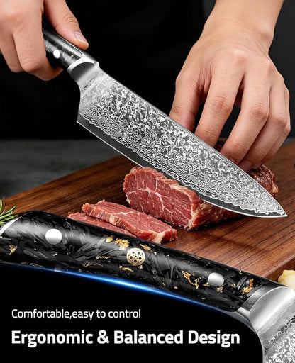 CVLIFE Chef Knife, 8 Inch Damascus Knife with Japanese High Carbon 10Cr15Mov Core, Full Tang Ergonomic Handle for Balance & Control, Razor Sharp Kitchen Knife for Cooking with Sheath & Box