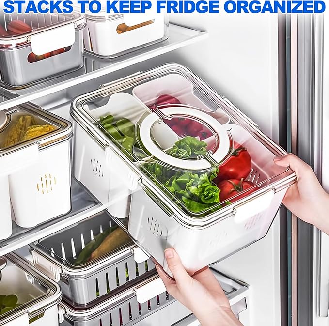 Fruit Storage Containers for Fridge with Lids, Handle and 2 Removable Colanders, Portable Refrigerator Fruit Organizer Bins, BPA-Free Fresh Produce Saver & Food Box for Food, Vegetable, Egg Storage