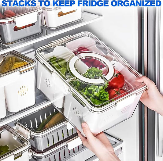 Fruit Storage Containers for Fridge with Lids, Handle and 2 Removable Colanders, Portable Refrigerator Fruit Organizer Bins, BPA-Free Fresh Produce Saver & Food Box for Food, Vegetable, Egg Storage