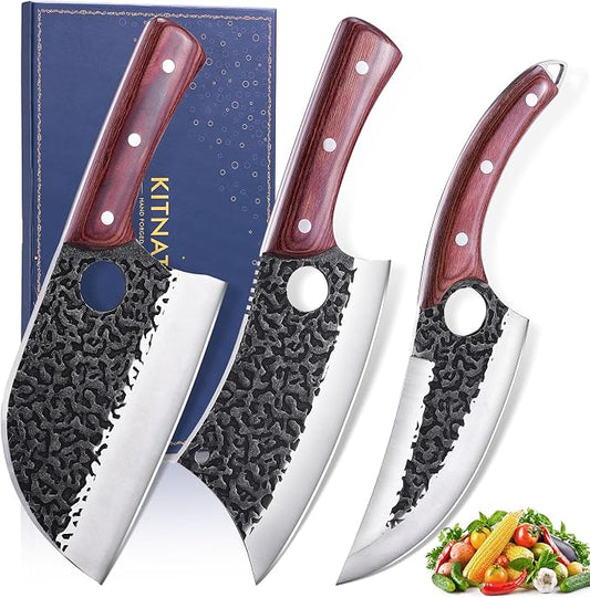 KITNATS Butcher Knife Set, 3PCS Hand Forged Meat Cleaver, Serbian Chef Knife & Viking Boning Knife for Meat Cutting, Outdoor BBQ, Camping, Kitchen Cooking, Gift for Men