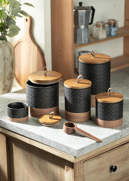 Miamolo Ceramic Jar with Lid, Airtight Coffee Container, Kitchen Food Storage Jar for Coffee Bean Spice Sugar Cookie, Stackable Decorative Jars for Housewarming Gift, Coffee Bar Decor, Black 28 fl.oz