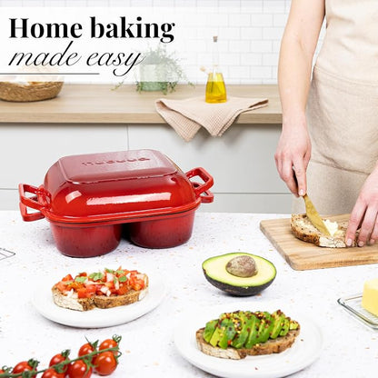 QuadPro Enamelled Cast Iron Bread Loaf Pot – Dutch Oven for Sourdough Bread Baking – 500°F Oven Safe Non Stick Bread Pot – 4 Round Loaf Spaces (4.90-inch Diameter), Red – by Nuovva