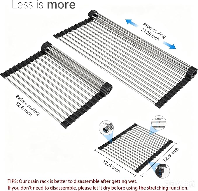 Expandable Roll Up Dish Drying Rack Over The Sink Rack, Foldable Dish Drainer Rack Stainless Steel for Large Sink, Silicone Rollable Collapsible Rack 18 Tube for Kitchen(Sliver,12.8'' to 21.25”)
