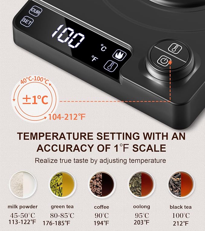 Gooseneck Electric Kettle with ±1℉ Temperature Control & Keep Warm for Pour Over Coffee & Tea, Rapid Boil, 304 Stainless Steel, Built-in Brew Timer, 1200W 1.0L